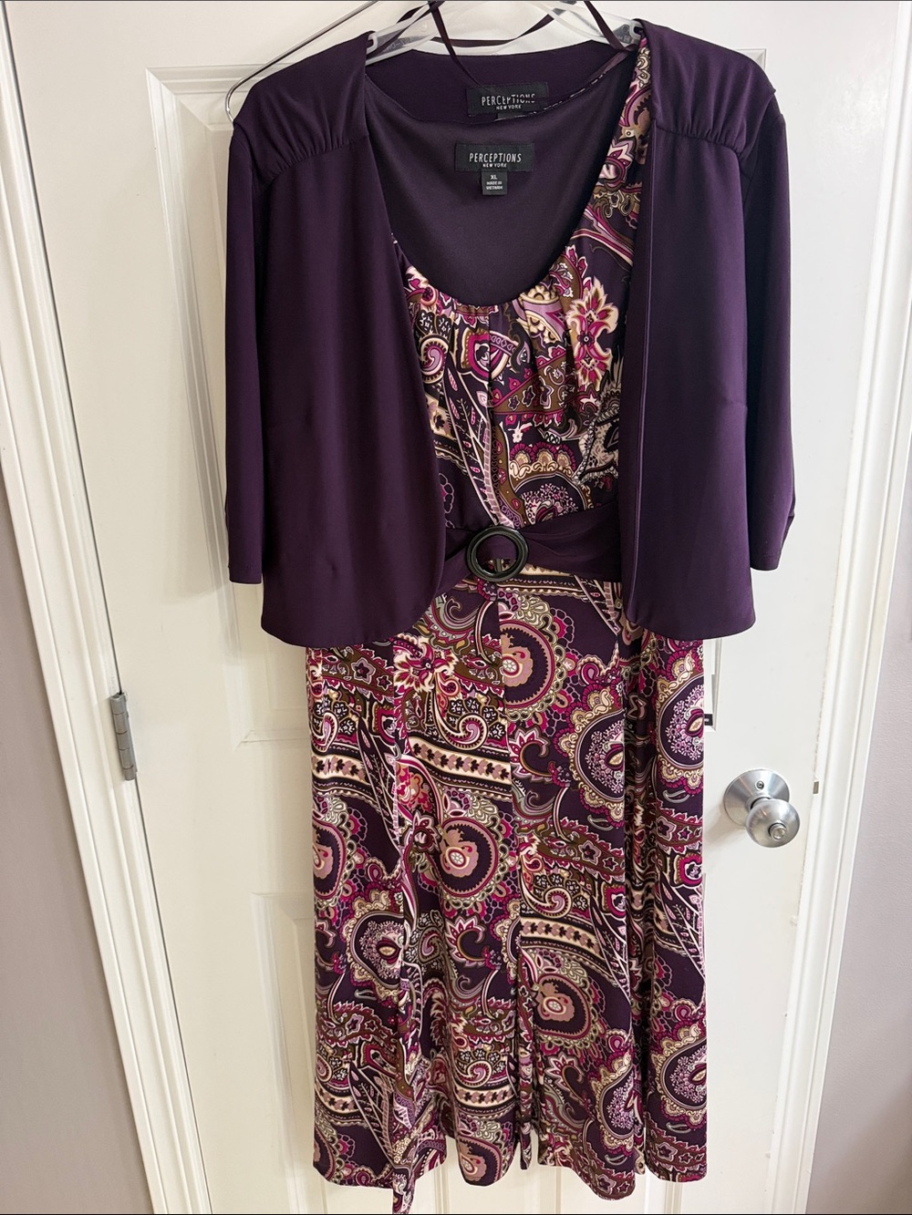 Perceptions Plum Paisley Maxi Dress with Matching Bolero and Belt